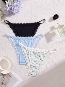 SHEIN 3件組蕾絲拼接花卉印花女款三角內褲 - 彩色 - 查看 3