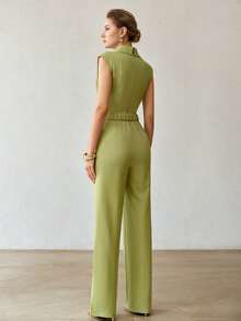 MOTF PREMIUM COLLARED HALF BUTTON SLEEVELESS JUMPSUIT - Green - View 7