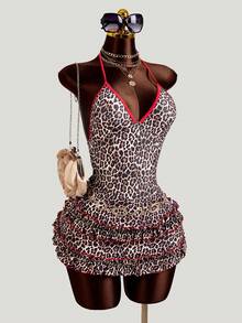 Zestiva Women's Leopard Print Colorblock Halter One-Piece Swimsuit, Suitable For Beach Vacation, Pool Party, Beach Party - Multicolor - View 3