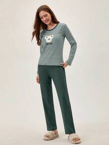 Loomlin 2pcs Cotton Contrast Colour Striped With Koala Embroidery Detail PJ Set - Green - View 4