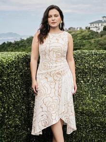 MOTF PREMIUM PLUS SIZE WOMEN'S FLORAL PATTERN ASYMMETRICAL HEM MIDI DRESS - White - View 10
