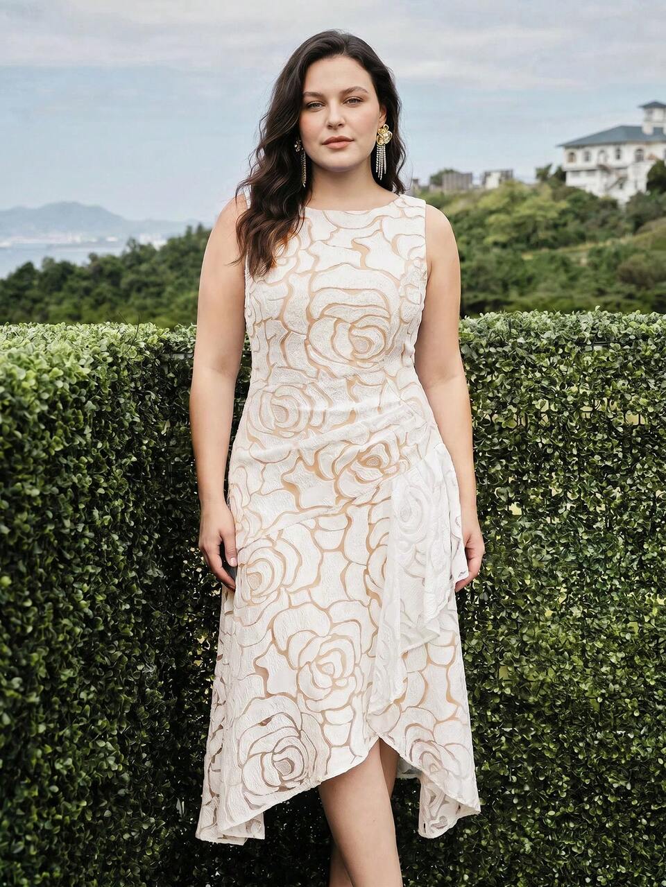 MOTF PLUS SIZE WOMEN'S FLORAL PATTERN ASYMMETRICAL HEM MIDI DRESS