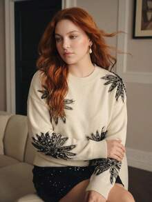 MOTF PREMIUM WOMEN'S PLUS SIZE AUTUMN/WINTER FAUX PEARL BEADED DROP SHOULDER SWEATER - Beige - View 6