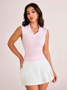 SHEIN Sports Women's Solid Color Sleeveless Minimalist Sports Polo Shirt - Multicolor - View 3