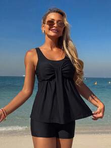 SHEIN Swim 女款黑色純色中腰泳褲與坦克比基尼兩件式套裝，夏季海灘度假極簡休閒日常分體泳衣 - 黑色 - 查看 3