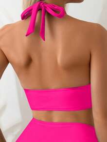 Swim Basics 2件組女款純色肩帶露背上衣與高腰比基尼下褲，附金色飾品，海灘度假比基尼套裝 - 玫紅色 - 查看 4