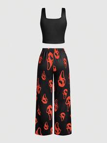 ROMWE Women's Dark Gothic Tank Top & Pants Ghost Face Pajama Set - Red - View 2