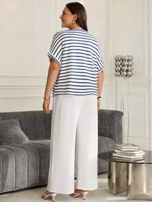 Rosumi Damen Große Größen Sommer Lässig Gestreiftes Fledermausärmel Kurzarm T-Shirt Und Weite Hose 2-teiliges Set - Blau-Weiß - Übersicht 5