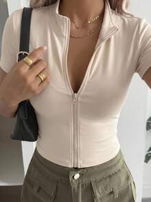 DAZY Women's Solid Color Minimalist Casual Zip-Up Short Sleeve T-Shirt - Apricot - View 9