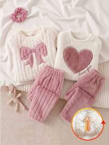SHEIN 2 Stücke Set Herbst/Winter: Doppelseitiges Plüsch-Set für Babys, bestehend aus einem süßen rosa Plüsch-Oberteil mit Schleifenstickerei in Off-White mit langen Ärmeln und einer dicken, rosa gestreiften Hose. - Pink - Übersicht 7