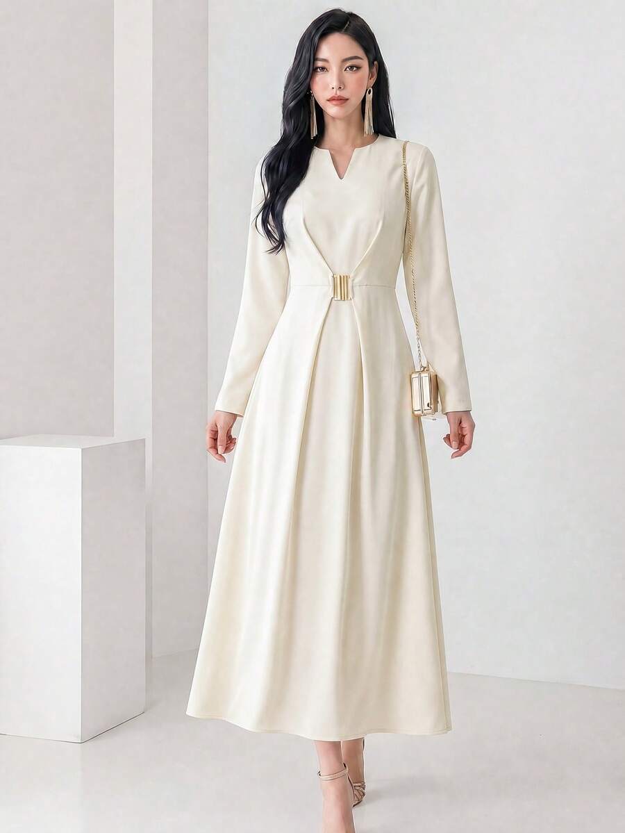 Heiryn Gaun Panjang Wanita Elegan Warna Polos untuk Perjalanan Musim Gugur - Putih Gading - View 1