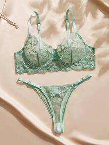 Charlaine Embroidered Mesh Bra And Panty Lingerie Set - Mint Green - View 5