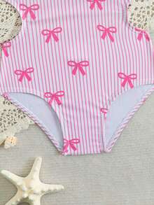 Baby One-Piece Swimsuit, Infant Asymmetrical Shoulder Ruffle Hollow Out One-Piece Swimsuit, Striped + Small Bow Print, Suitable For Beach Vacation, Swimming Pool, Hot Spring - Multicolor - View 5