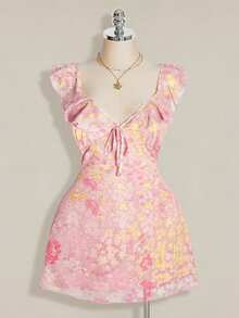 SHEIN ICON Vestido de mujer talla grande con estampado floral, patchwork, volantes en el bajo y lazo delantero - Rosa - Ver 1
