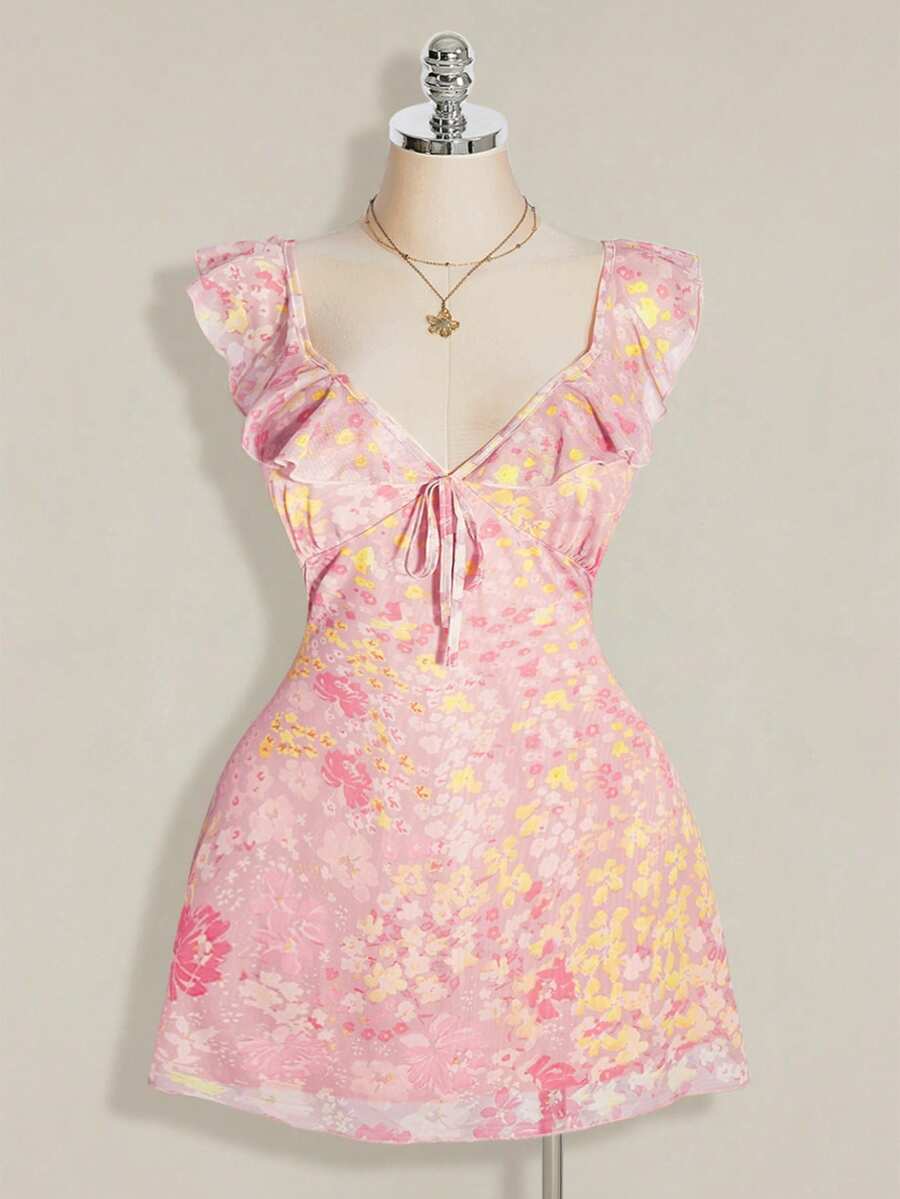SHEIN ICON Vestido de mujer talla grande con estampado floral, patchwork, volantes en el bajo y lazo delantero - Rosa - Ver 1