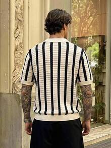 SERO LANO Old Money Men's Striped Short Sleeve Hollow-Out Single Breasted Casual Knit Top - Multicolor - View 2