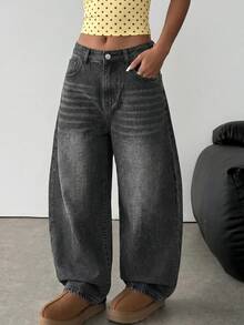 SHEIN 女童黑色牛仔寬鬆寬腿弧形下擺長褲 - 黑色 - 查看 5
