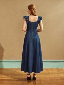 Selenza Women's Letter Print Casual Daily Wear Cap Sleeve Denim Dress - Dark Wash - View 2