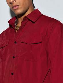 Modcrash Men's Khaki Business Casual Long Sleeve Shirt, Solid Color Versatile Long Sleeve Button-Down Shirt - Burgundy - View 10