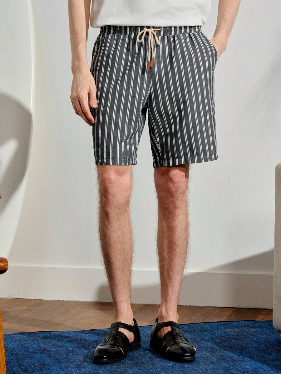 VeloEdit Men's Woven Striped Short Waist Slim Fit Casual Straight Leg Shorts, Suitable For Daily Wear In Summer - Black - View 1