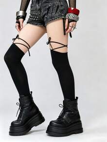 ROMWE Kawaii 1雙純色綁帶式膝上襪，極簡風襪子 - 綁帶 - 查看 2