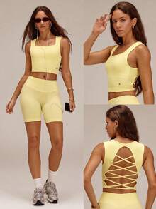 GLOWMODE Ultrafine weiches nahtloses Crisscross-Crush-Strick-Tanktop mit Feuchtigkeitsableitung, offenem Rücken, abnehmbaren Cups, quadratischem Ausschnitt, verkürzt, für Laufen, Fitnessstudio und Workout - French Vanilla - Übersicht 8