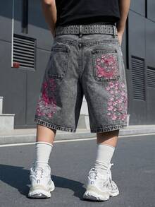 Manfinity EMRG 男士街頭風休閒刺繡灰色牛仔短褲 - 深灰色 - 查看 5