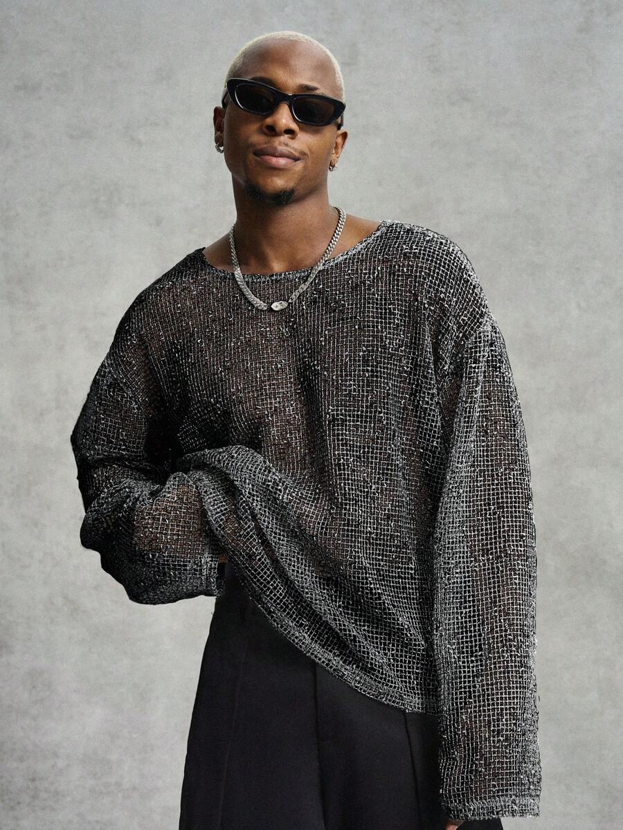 PAVTROS Men's Crew Neck Long Sleeve Knitted Mesh T-Shirt, Suitable For Spring/Summer Daily Casual Wear, Travel And Vacation - Black and White - View 1