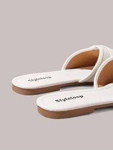 Styleloop Women Shoes Multi-Colored Canvas Splicing Square Toe Flat Bottom Cross Sandals, Simple Casual Style, Suitable For Daily Commuting, Vacation Travel - White 4 - View 6