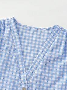 SHEIN Clasi 女款V領格紋休閒百搭夏季襯衫 - 藍白色 - 查看 6