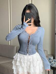 DAZY 女款休閒婚禮長袖藍色蕾絲飾邊拼接針織短版上衣 T-shirt，秋季 - 藍色 - 查看 7