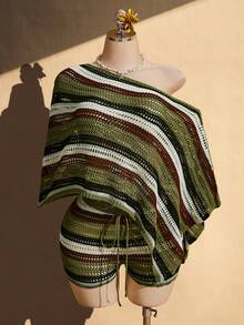 SHEIN ICON Women's Plus Size Retro Sexy Millennial Style Y2K Simple Casual Beach Vacation Party Dark Green Loose Off-Shoulder Shawl Top Shorts Set Autumn - Green - View 3