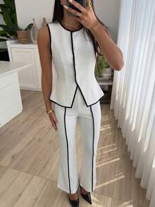 Modelyn Women's Woven Colorblock Sleeveless Vest With Flared Hem, Elegant Charming Commuter Office 2 Pieces Set - White - View 4