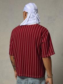FRESIVO Men's Striped Pattern Colorblock Drop Shoulder Short Sleeve Crew Neck T-Shirt - Red - View 3