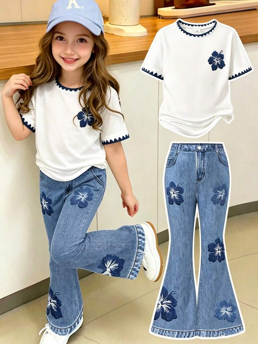 Elladie kids 女童休閒日常穿著深藍色木槿花刺繡圖案白藍對比針織上衣，平滑挺括面料，圓領蕾絲飾邊短袖上衣，高腰喇叭長褲兩件套，女童外出休閒套裝