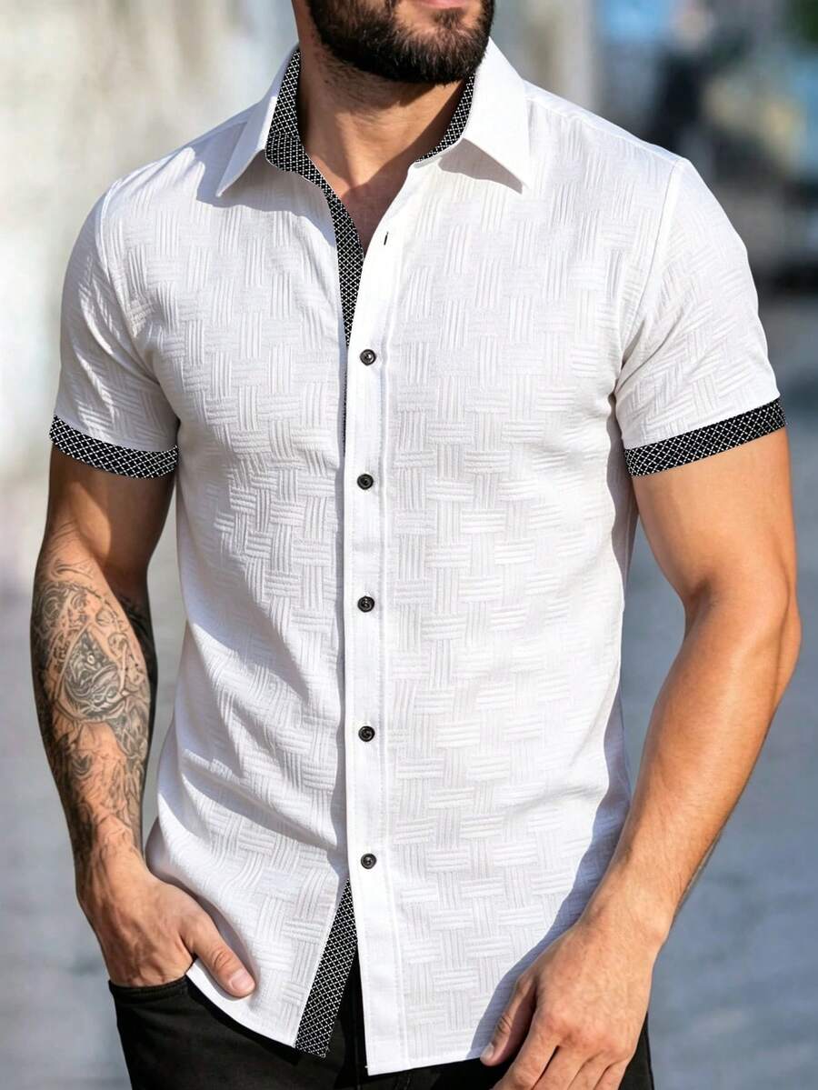 Manfinity Mode Men's Casual Streetwear Short Sleeve Shirt, Summer White Shirt, Formal, Ceremony - Black and White - View 1