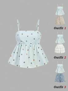 SHEIN MOD 復古清新碎花女款娃娃風細肩帶背心 - 淺藍色 - 查看 4