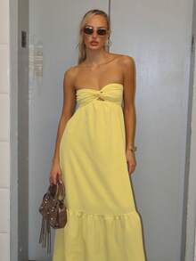 Brooke Lily Gaun Panjang Tanpa Tali Gaya Bohemian, Warna Kuning Bunga Matahari, Musim Semi/Panas, Gaun Kuning Mentega untuk Pesta Elegan - Kuning - View 4