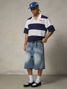 FRESIVO Pantalones de longitud media para hombre con lavado vintage, azul, patchwork, bordado y borlas - Azul - Ver 6