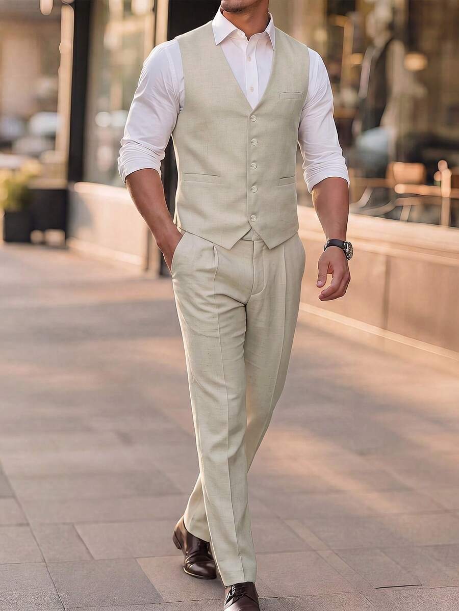 Manfinity Mode Conjunto de chaleco y pantalones de traje para negocios y desplazamientos para hombres - Beis - Ver 1