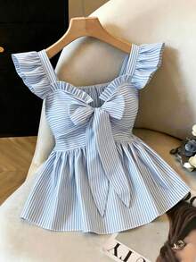 GlowEve Stylish Blue Striped Woven Peplum Blouse For Women With Sweetheart Neckline And Flutter Sleeve,Summer Commuting - Blue and White - View 7