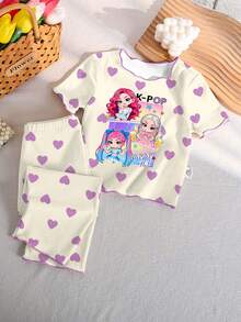Young Girls Pajamas 1 Set, All-Season Heart Cartoon Pattern Print Contrast Color Ruffle Trim Crew Neck Pullover T-Shirt And Full Print Long Pants Loungewear Set - White - View 4