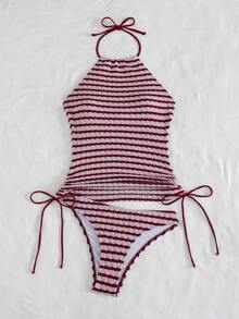 Swim Lushoire 女款條紋抽繩紋理布料細肩帶露背比基尼背心沙灘穿搭 - 紅色 - 查看 3