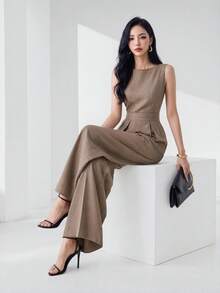 Heiryn 女款優雅通勤短版上衣與長褲兩件套 - 卡其色 - 查看 7