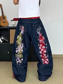 Manfinity Hypemode Street Style Retro Fashion Versatile Washed Rivet Multi-Pocket Embroidery Design Loose Straight Leg Wide Leg Casual Denim Jeans - Dark Wash - View 6