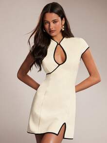 SHEIN BAE Spring Summer Black And White Colorblock Short Sleeve Water Drop Neck Fitted Mini Dress Suitable For Brunch Night Out Wedding Guest Social Sexy - Apricot - View 5