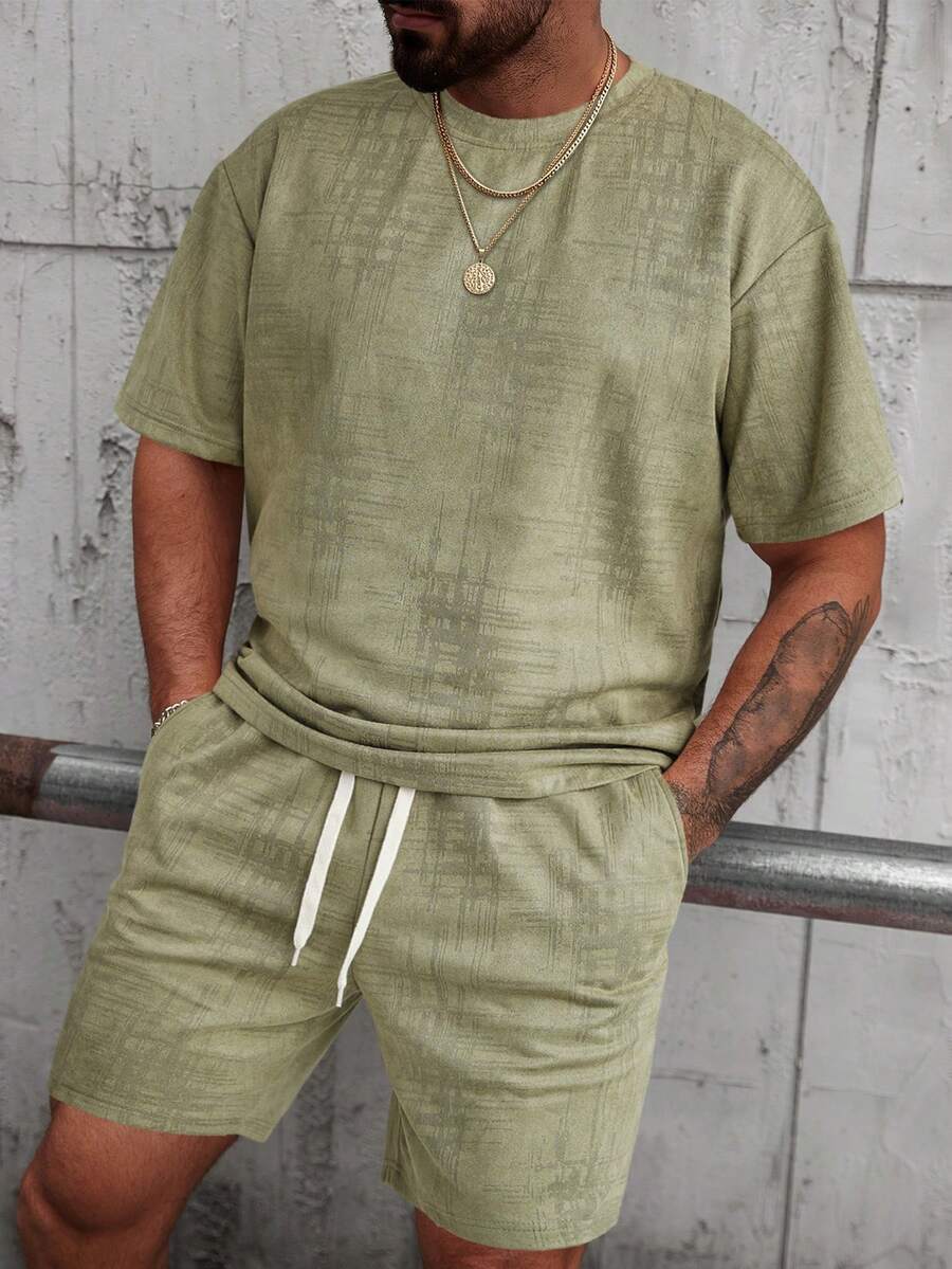 Manfinity CasualCool 男士夏季休閒T恤短褲套裝 - 綠色 - 查看 1