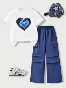 SHEIN Casuvi Kids 2件組青少年女孩夏季休閒T恤套裝，仿牛仔拼接印花圖案裝飾圓領短袖T恤與工裝長褲，適合春夏時尚穿搭 - 藏蓝色 - 查看 6