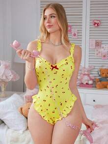 PetitDoll Pink Ruffle Trim Spaghetti Strap Sweet Cherry Pattern Women's Jumpsuit - Yellow - View 1