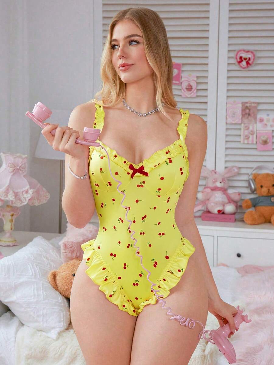 PetitDoll Pink Ruffle Trim Spaghetti Strap Sweet Cherry Pattern Women's Jumpsuit - Yellow - View 1